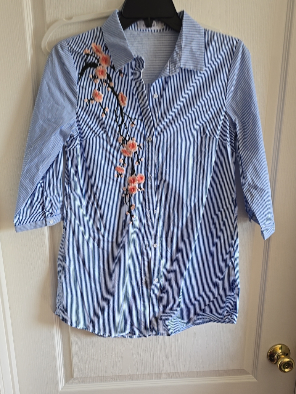 Anna Ellis Blue Striped Floral Embroidered Button-Up Shirt for Kids